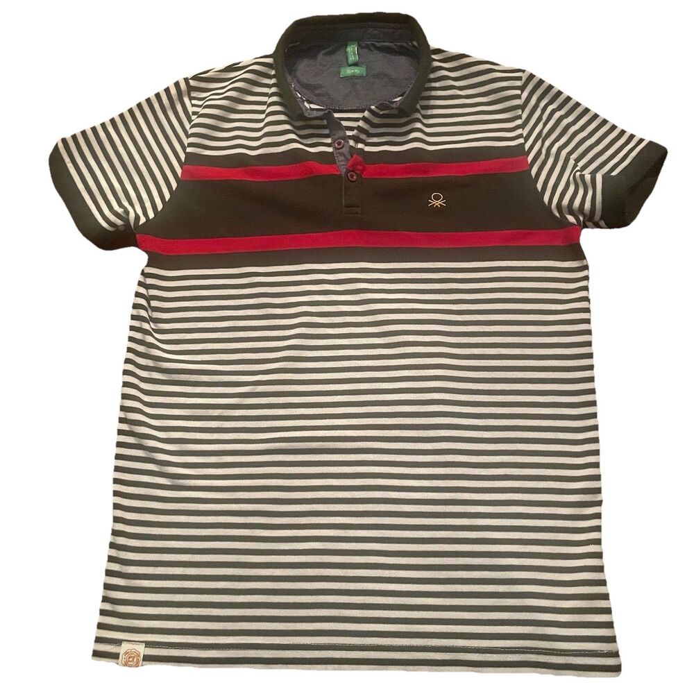 Benetton Men’s Slim Fit Polo Shirt Large L Striped Preppy Old Money Green Red